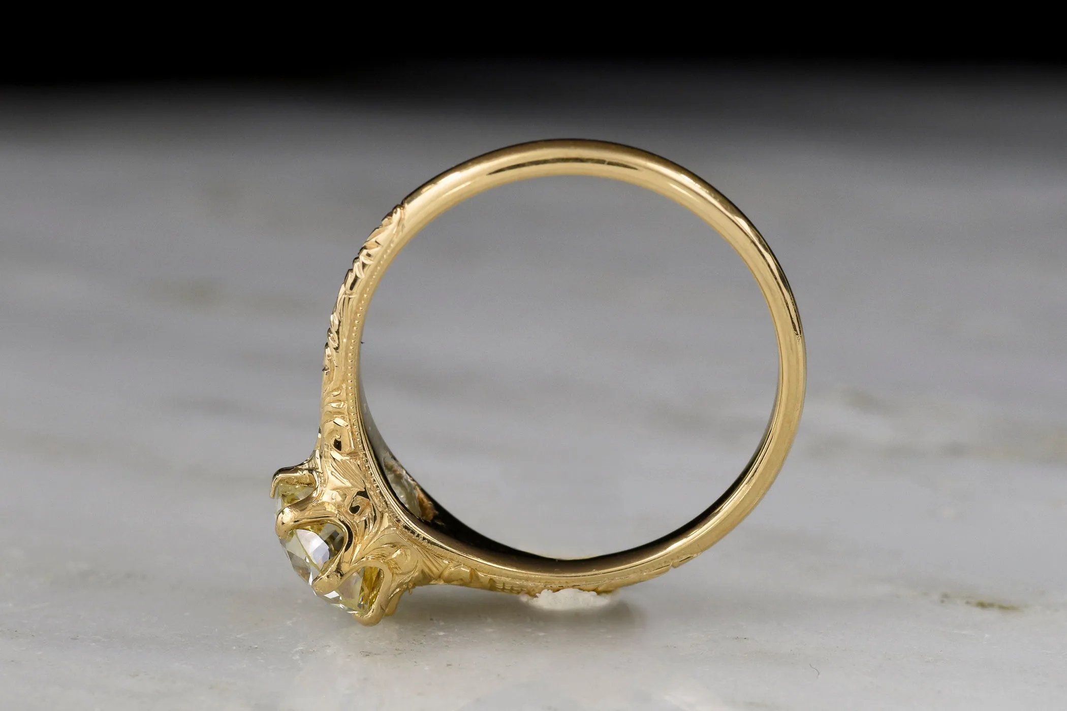 Antique Early 1900s Post-Victorian Six-Prong Solitaire Engagement Ring with Ornate Engraving