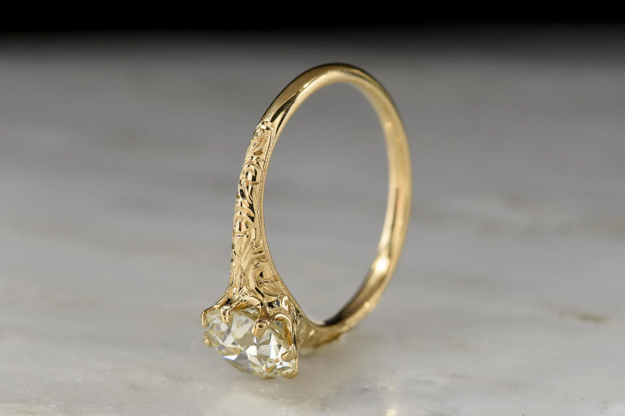 Antique Early 1900s Post-Victorian Six-Prong Solitaire Engagement Ring with Ornate Engraving