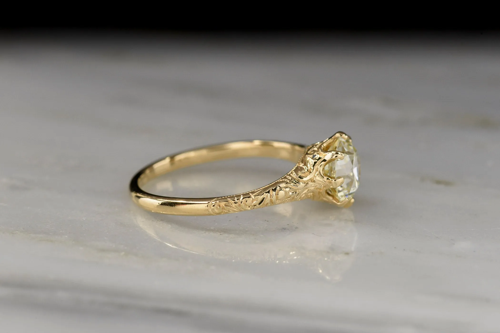 Antique Early 1900s Post-Victorian Six-Prong Solitaire Engagement Ring with Ornate Engraving
