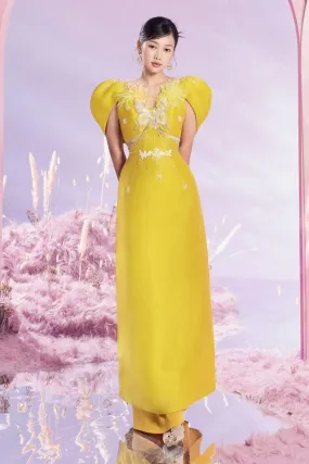 Apricot Fitted Cape Sleeved Taffeta Long Length Ao Dai