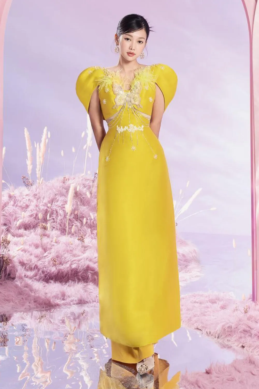 Apricot Fitted Cape Sleeved Taffeta Long Length Ao Dai