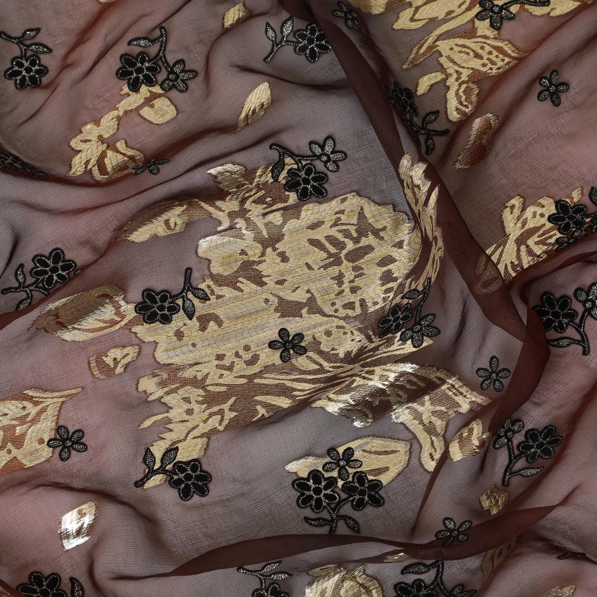 Barn red, black pure silk chiffon fabric with gold metallic lurex having black flock and glitter in floral design-D8239