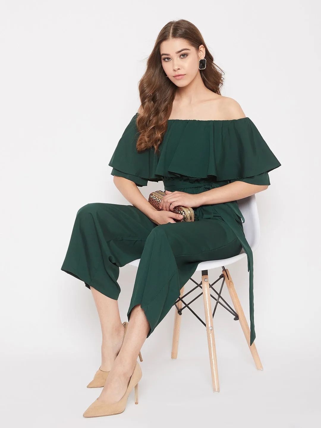 Berrylush Women Solid Green Off-Shoulder Waist Tie-Up Ruffled Jumpsuit