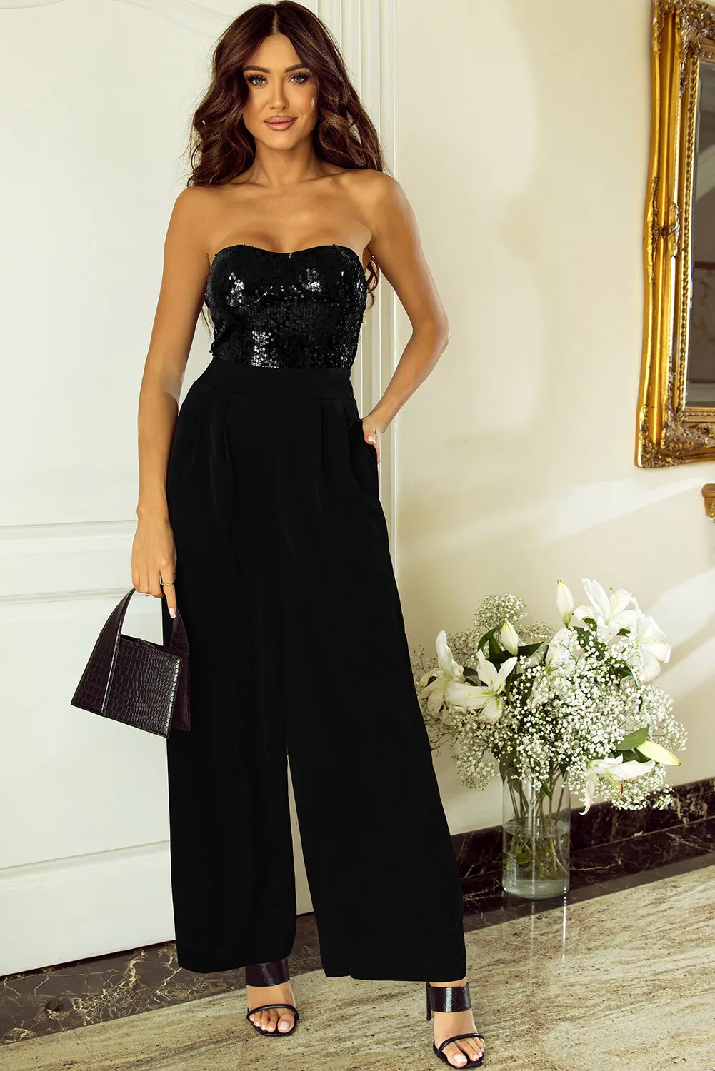 Blue Zone Planet |  Black Sequin Tube Top Wide Leg Jumpsuit