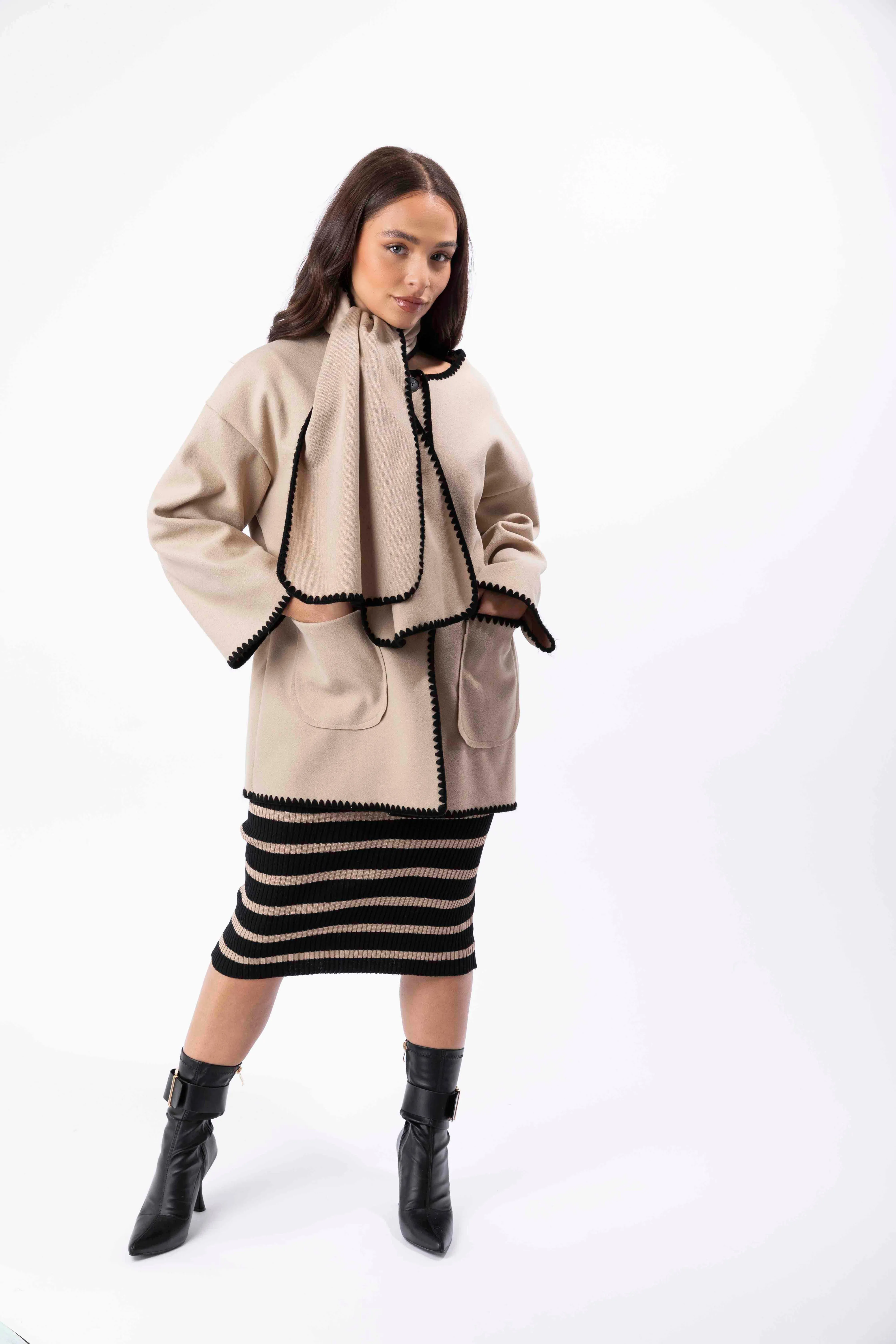 Contrast Stitch Felt Cardigan Coat With Scarf