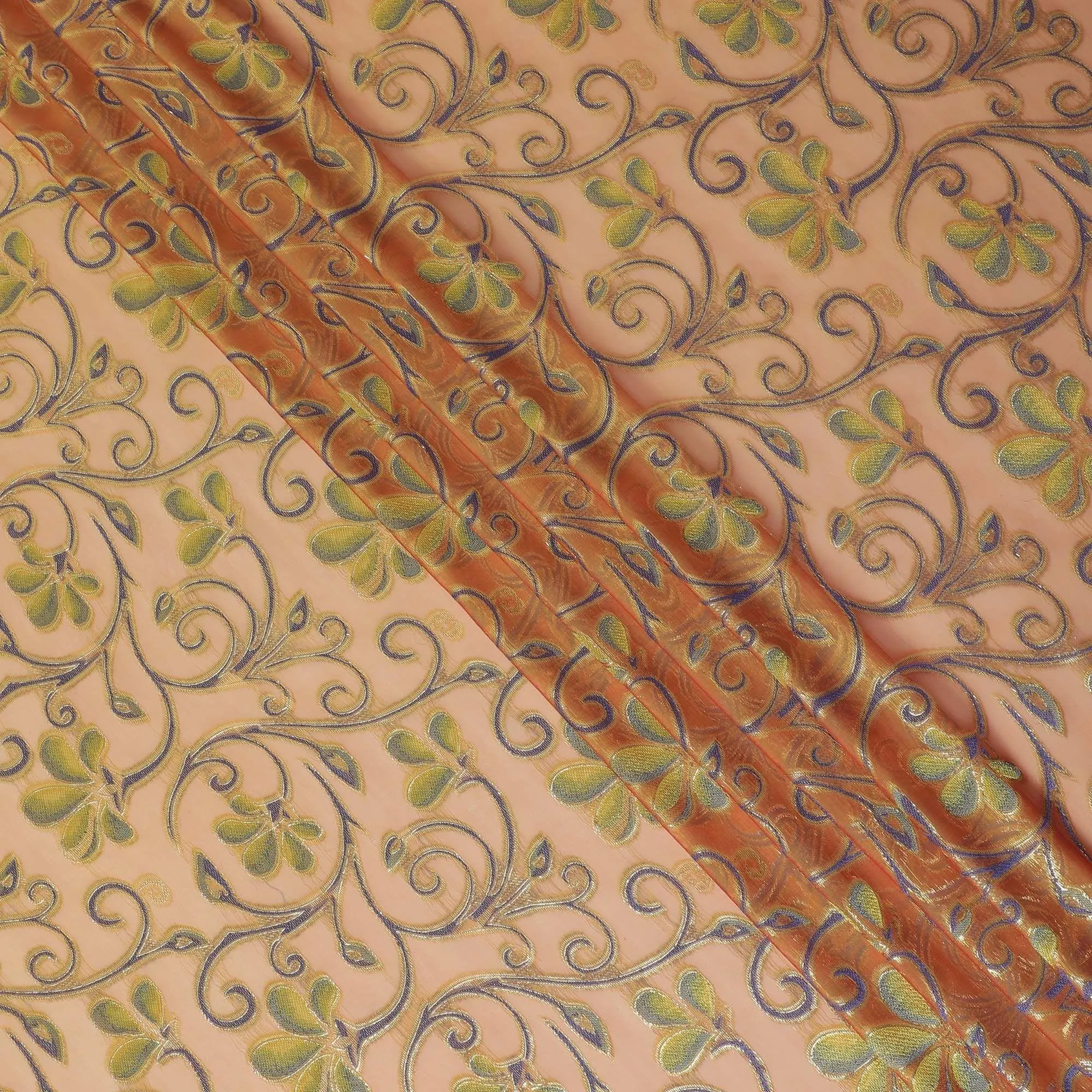 Copper brown Premium pure changent silk chiffon fabric with black, grey viscose having gold metallic lurex in floral design-D14642