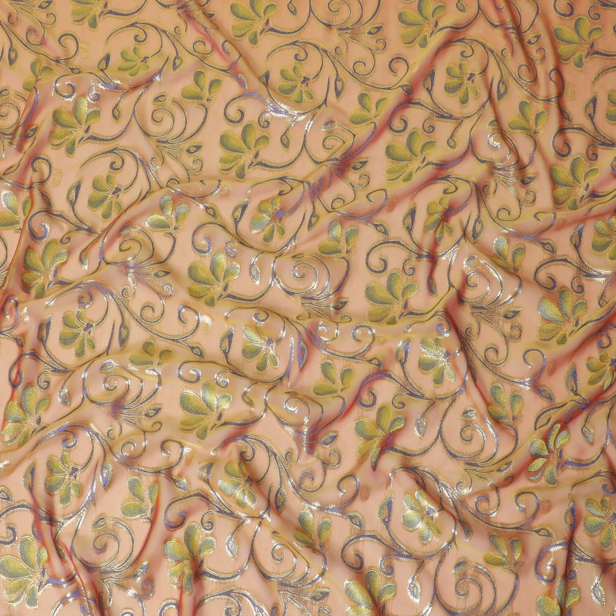 Copper brown Premium pure changent silk chiffon fabric with black, grey viscose having gold metallic lurex in floral design-D14642