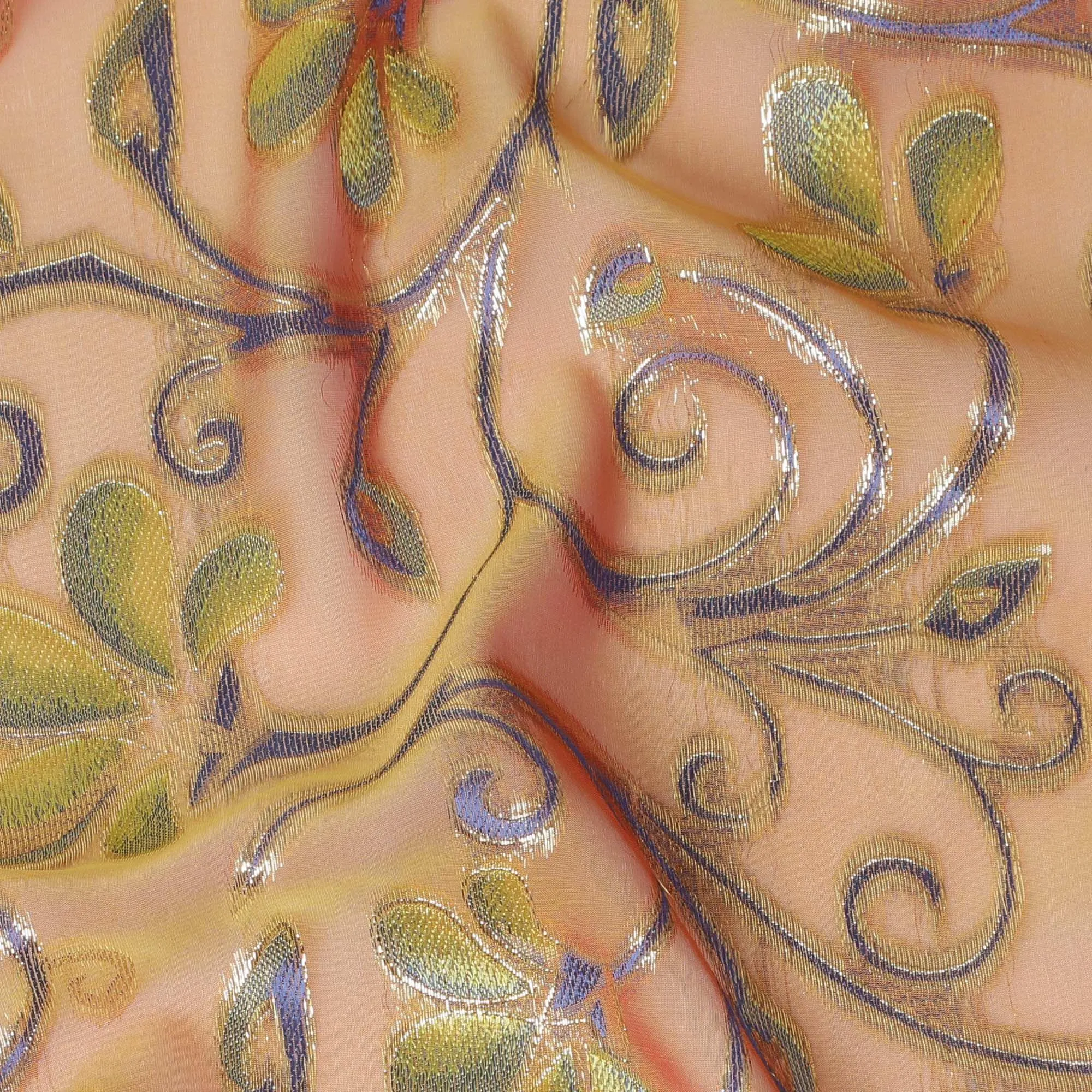 Copper brown Premium pure changent silk chiffon fabric with black, grey viscose having gold metallic lurex in floral design-D14642