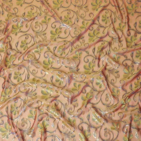 Copper brown Premium pure changent silk chiffon fabric with black, grey viscose having gold metallic lurex in floral design-D14642