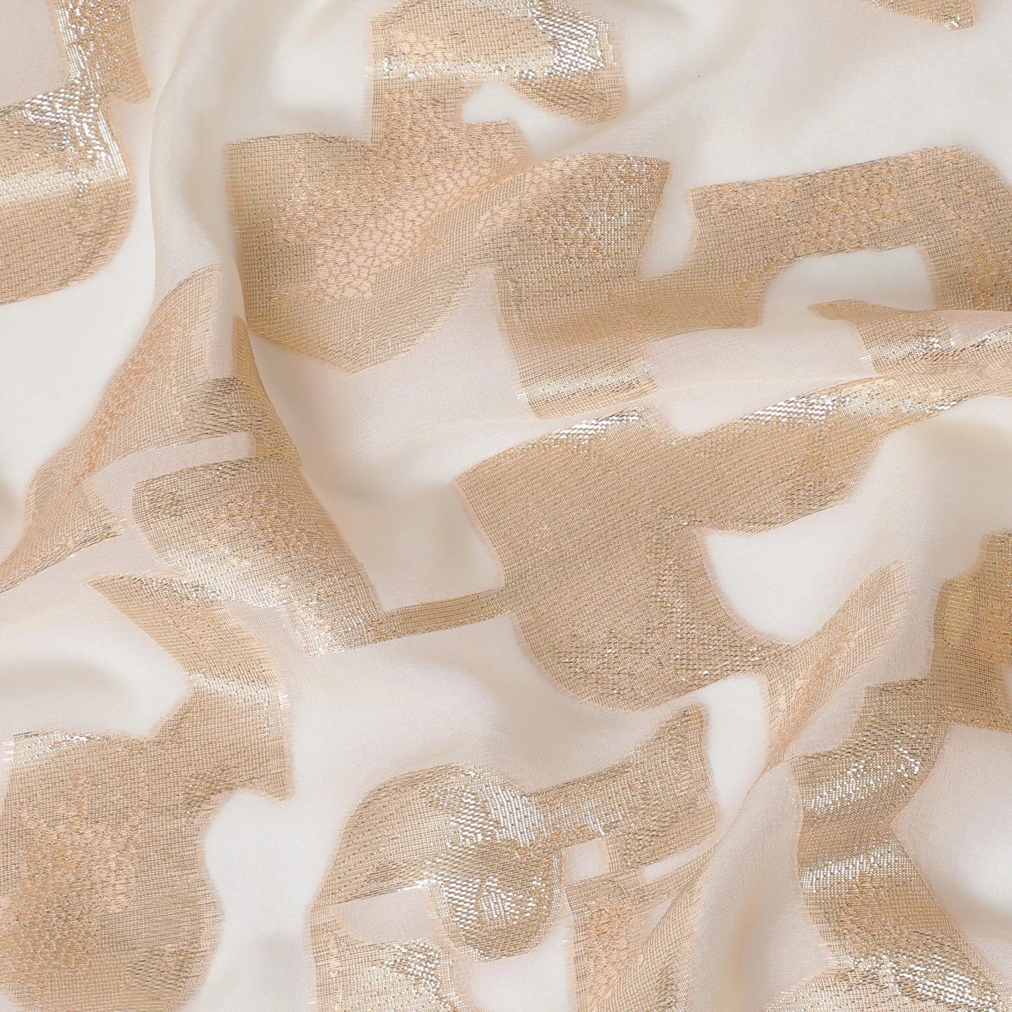 Cream Premium pure silk chiffon fabric with gold metallic lurex in abstract design-D17231