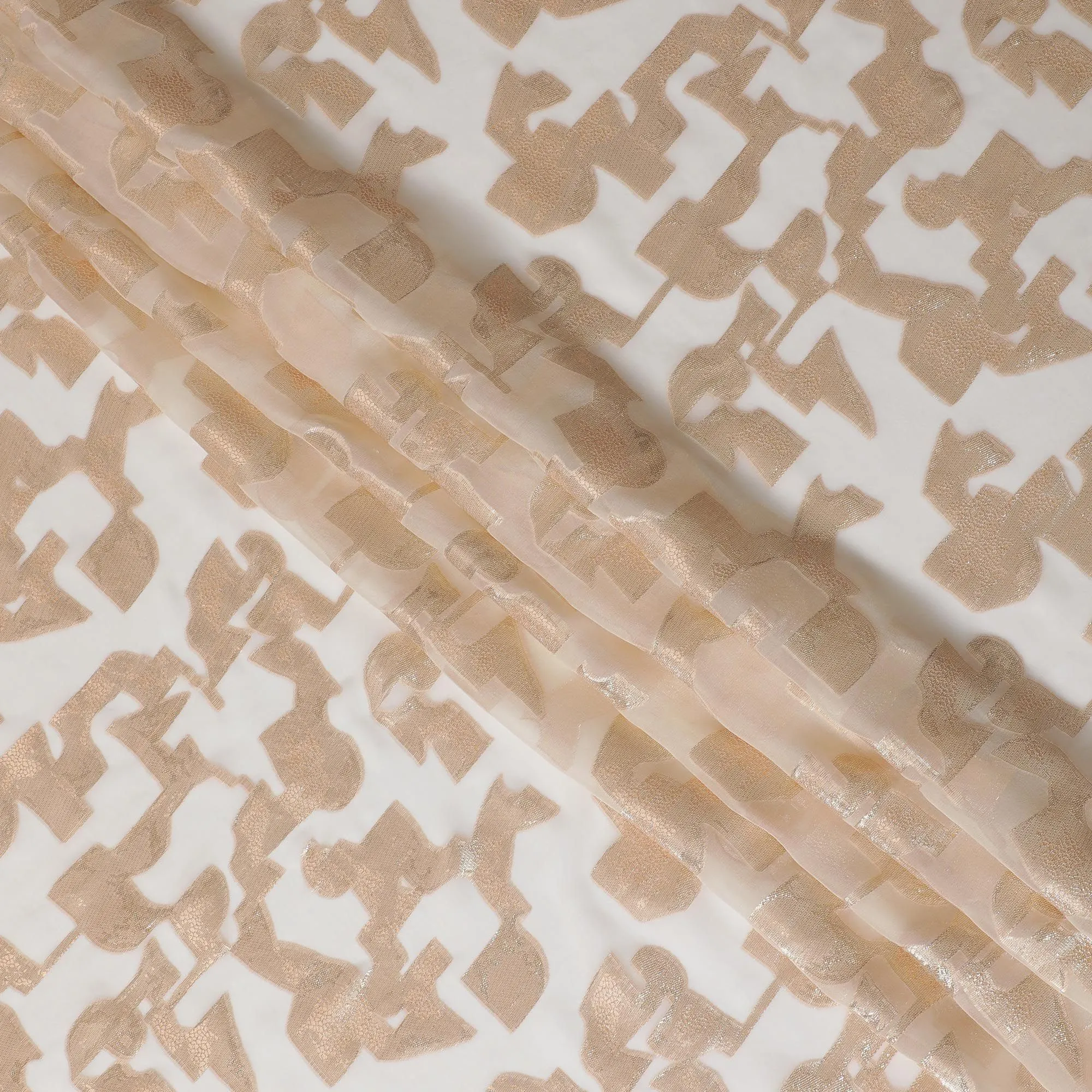 Cream Premium pure silk chiffon fabric with gold metallic lurex in abstract design-D17231