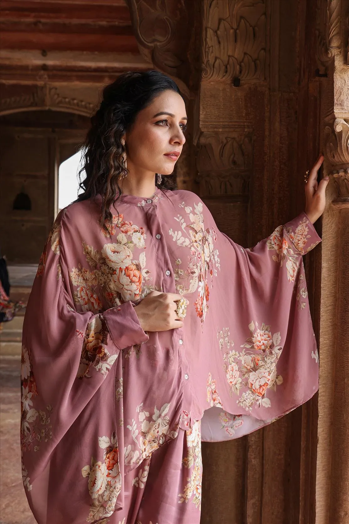 Dusky Pink Georgette-Satin Floral Co-Ord Set