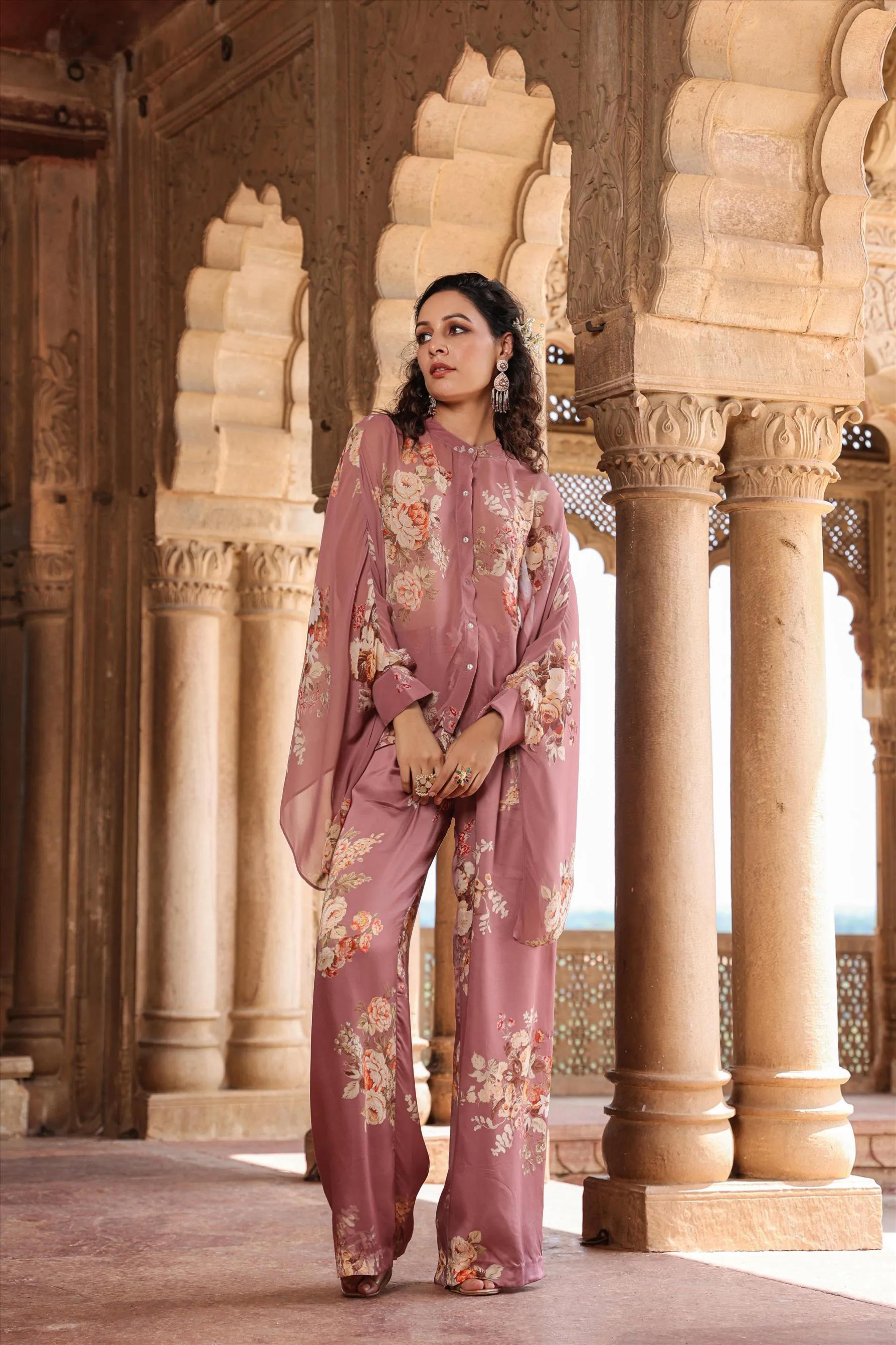 Dusky Pink Georgette-Satin Floral Co-Ord Set