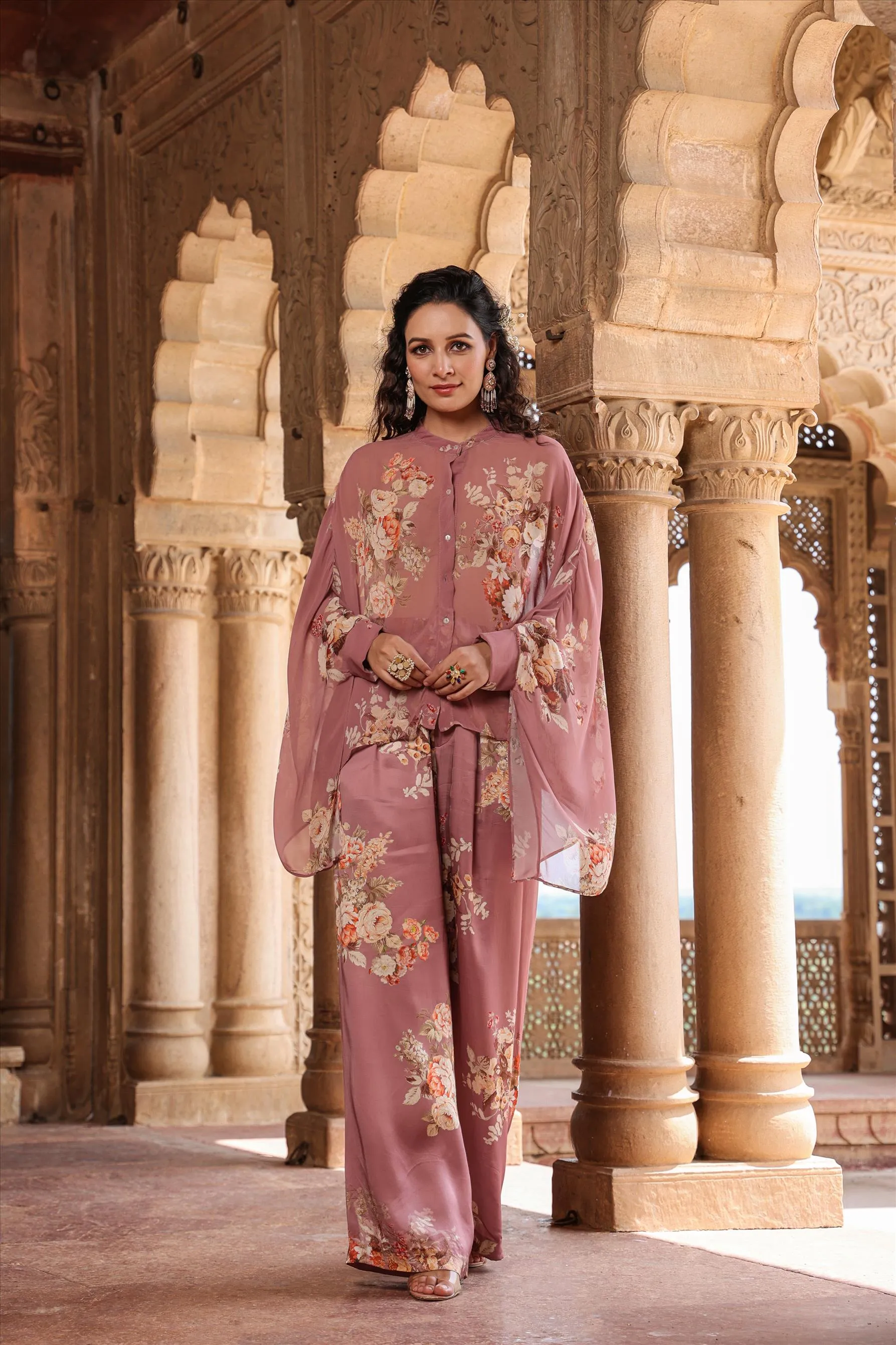 Dusky Pink Georgette-Satin Floral Co-Ord Set