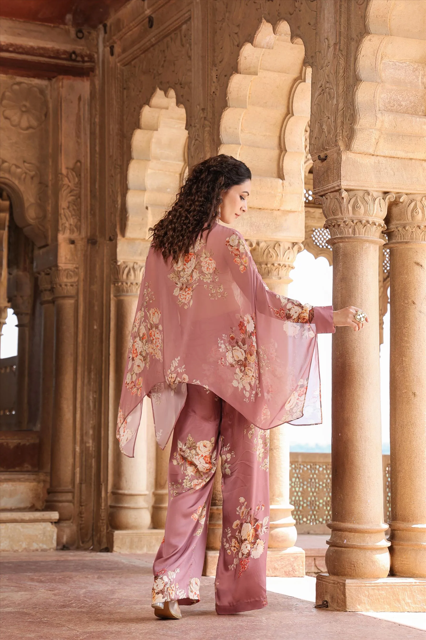Dusky Pink Georgette-Satin Floral Co-Ord Set