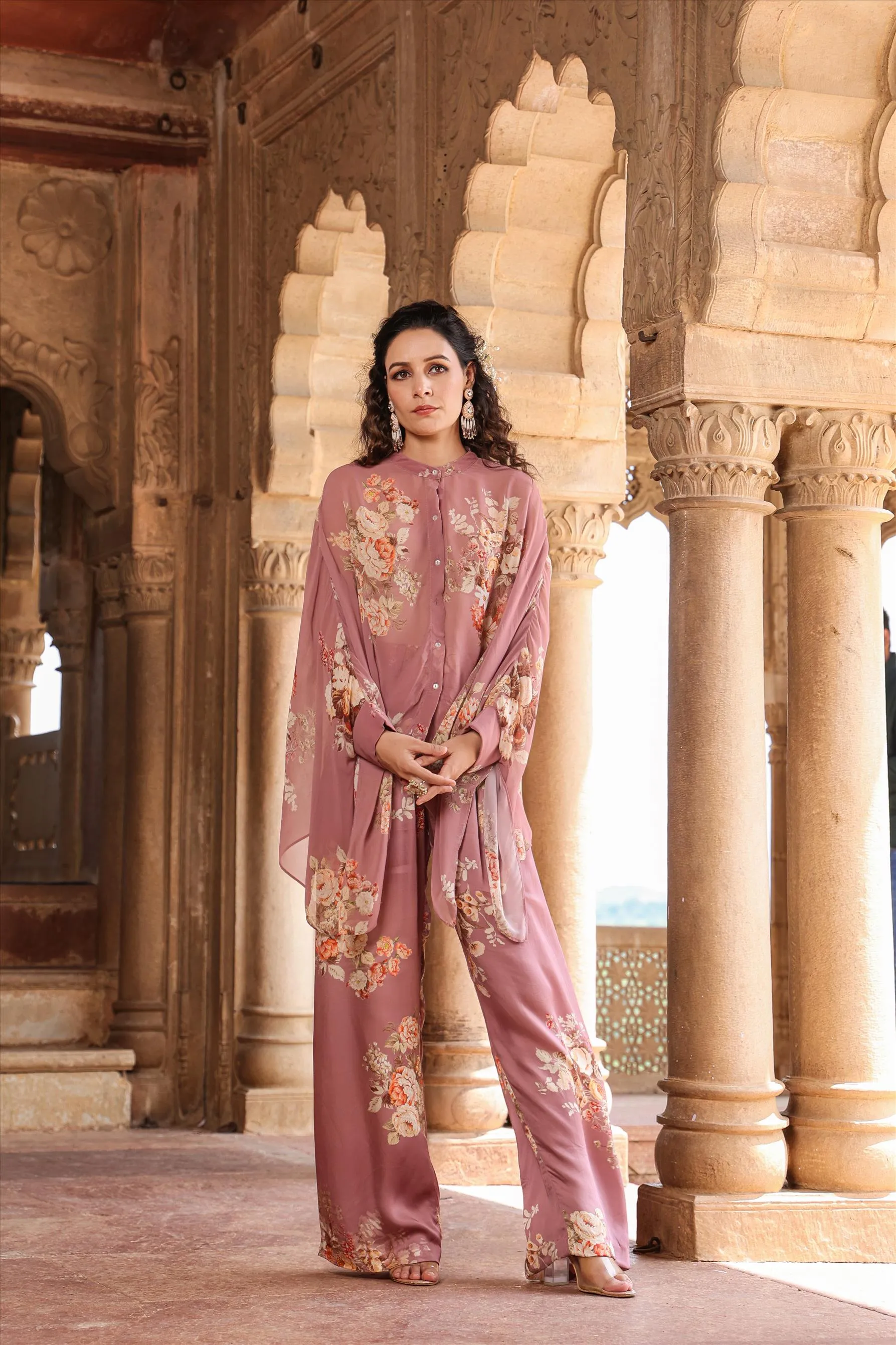 Dusky Pink Georgette-Satin Floral Co-Ord Set