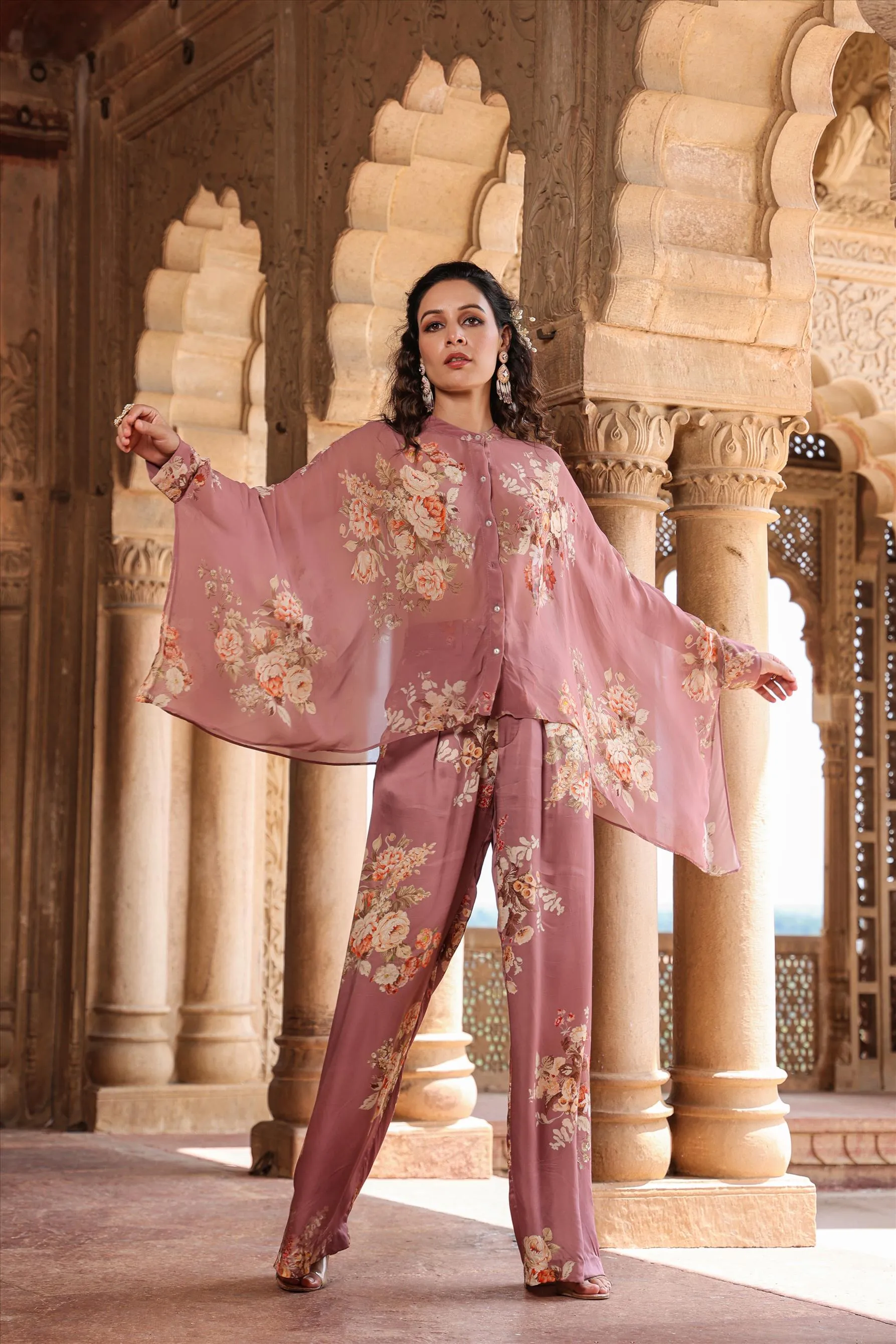Dusky Pink Georgette-Satin Floral Co-Ord Set