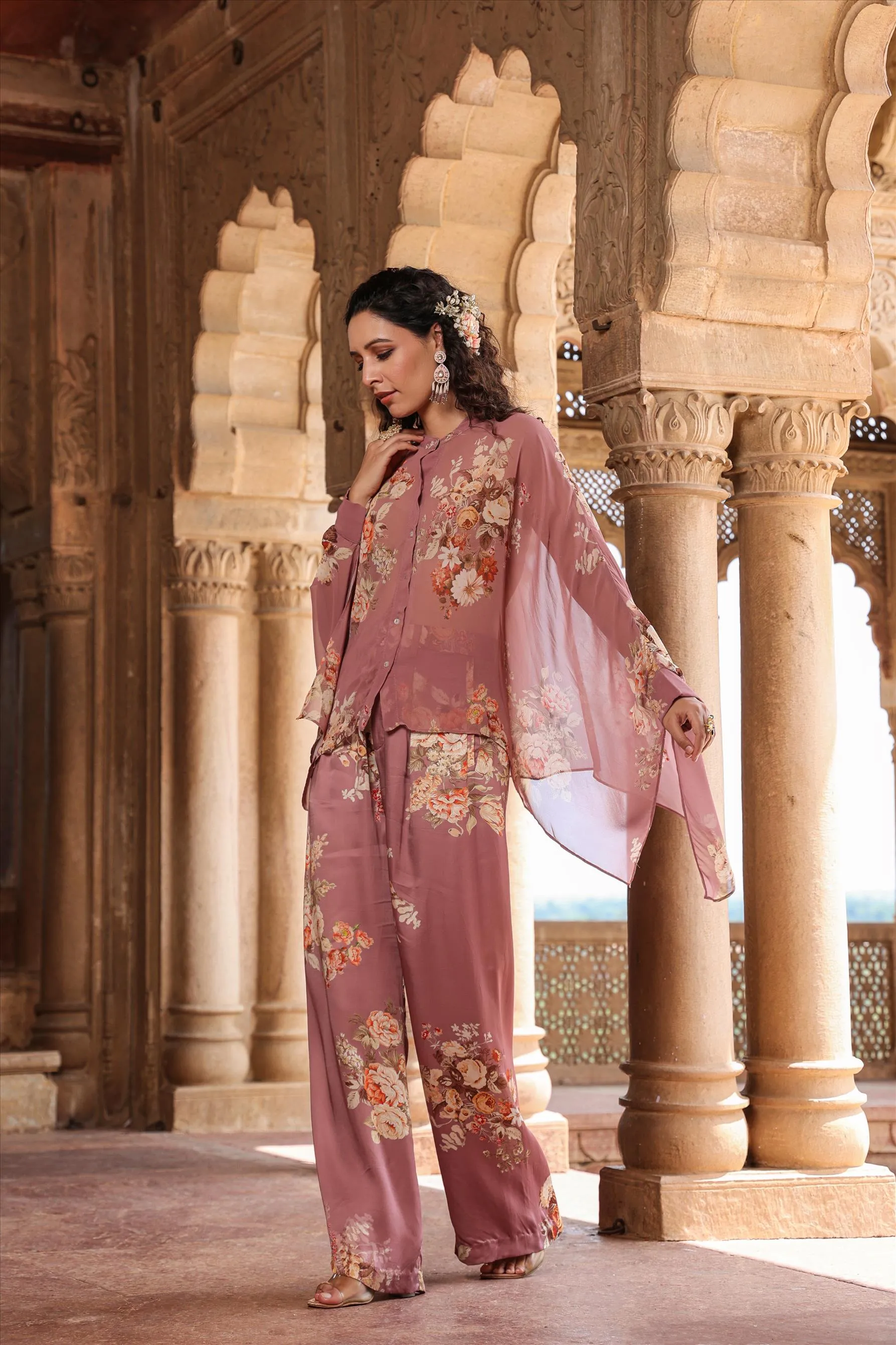 Dusky Pink Georgette-Satin Floral Co-Ord Set
