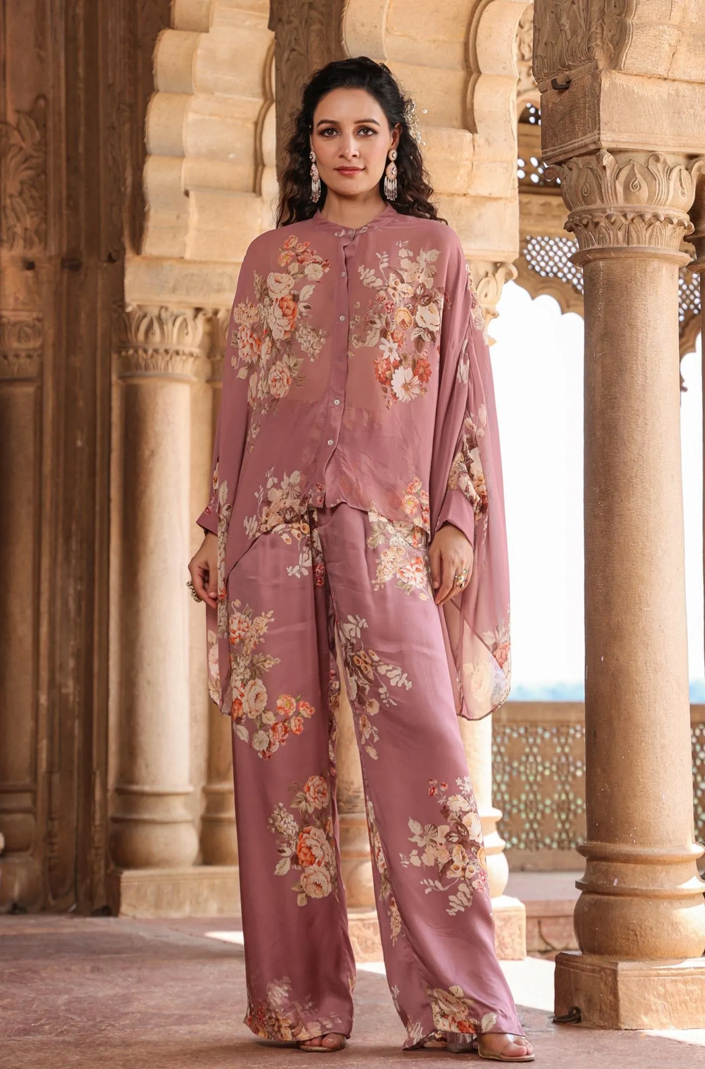 Dusky Pink Georgette-Satin Floral Co-Ord Set