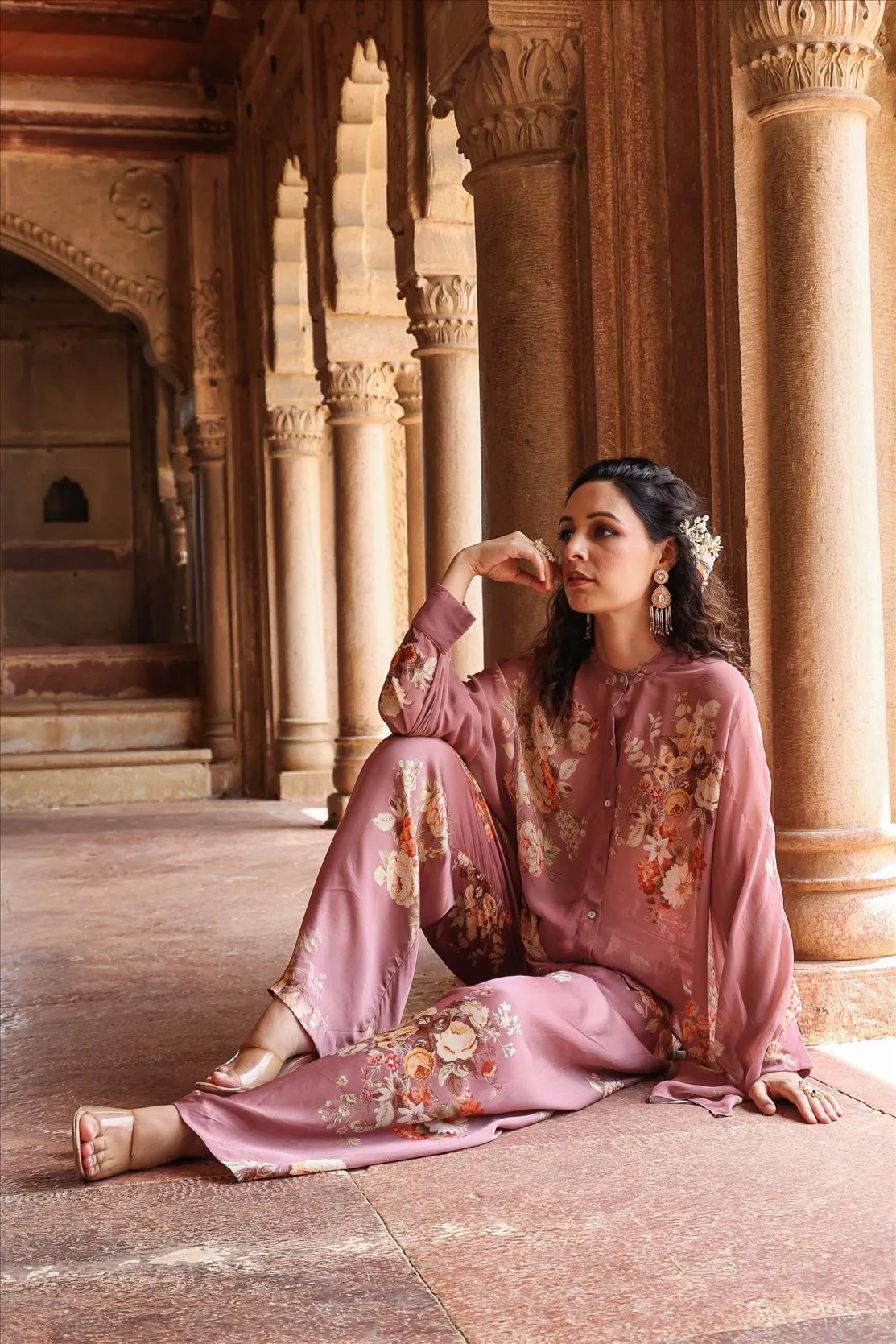Dusky Pink Georgette-Satin Floral Co-Ord Set