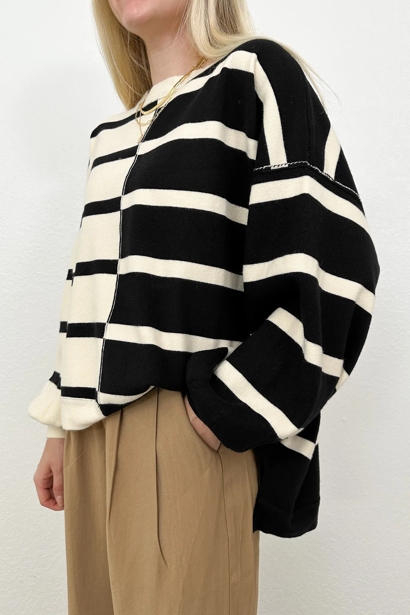 Gracie Asymmetric Black Striped Sweater Top
