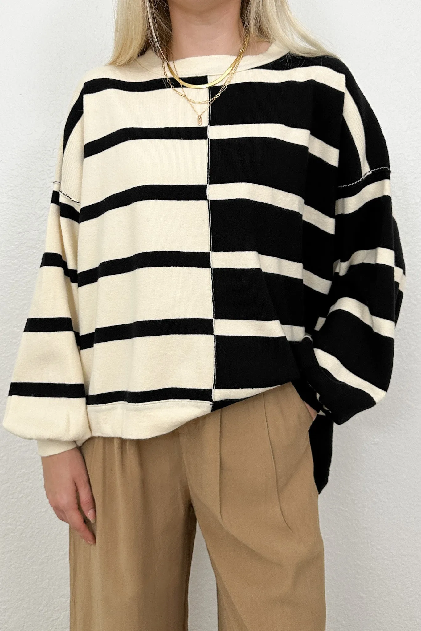 Gracie Asymmetric Black Striped Sweater Top