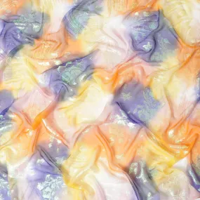 Hand printed multicolour silk chiffon fabric with rainbow metallic jacquard in floral design - D9873