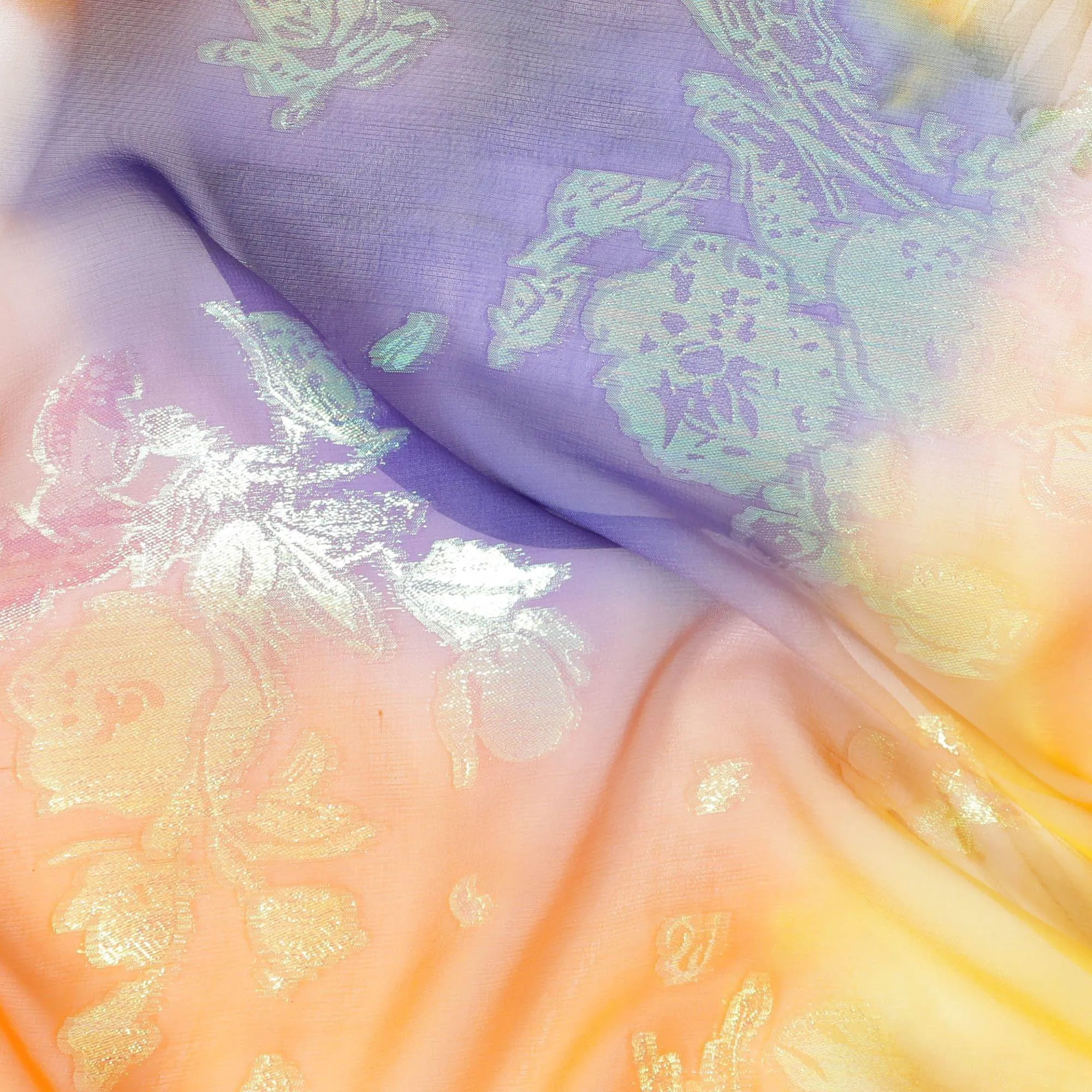 Hand printed multicolour silk chiffon fabric with rainbow metallic jacquard in floral design - D9873
