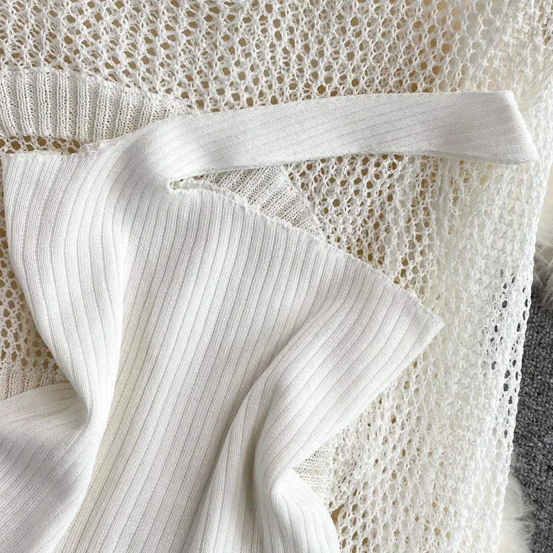 Hollow Knitted Sweater & Camisole & Skirt Three-piece Suit
