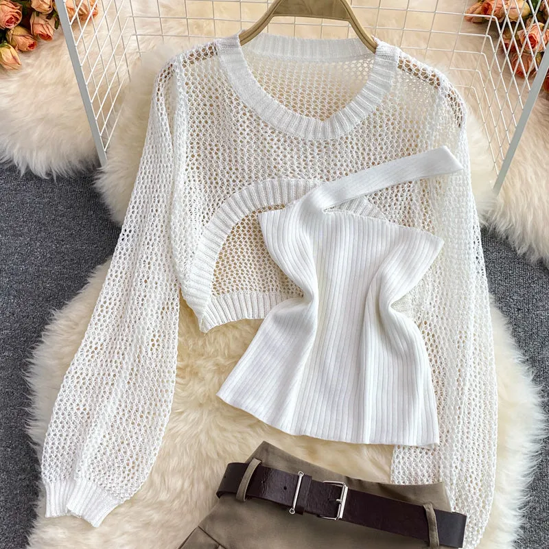 Hollow Knitted Sweater & Camisole & Skirt Three-piece Suit