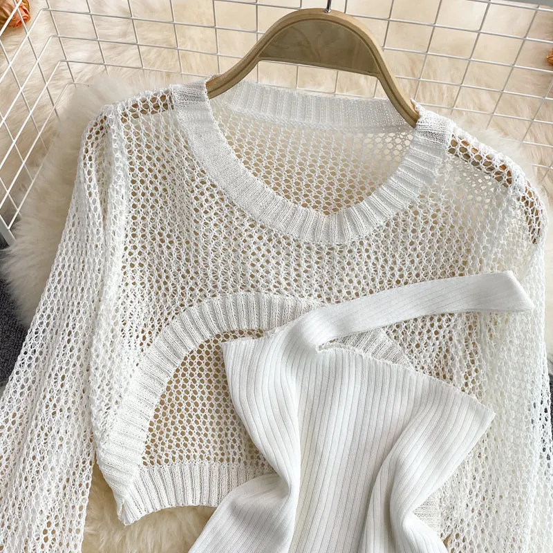 Hollow Knitted Sweater & Camisole & Skirt Three-piece Suit