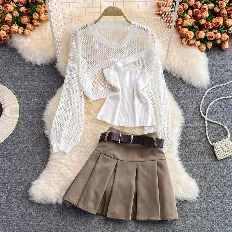 Hollow Knitted Sweater & Camisole & Skirt Three-piece Suit