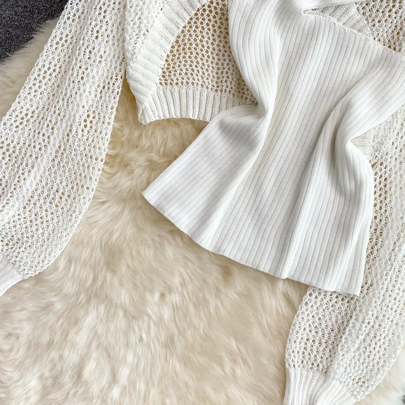 Hollow Knitted Sweater & Camisole & Skirt Three-piece Suit