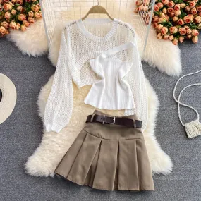 Hollow Knitted Sweater & Camisole & Skirt Three-piece Suit