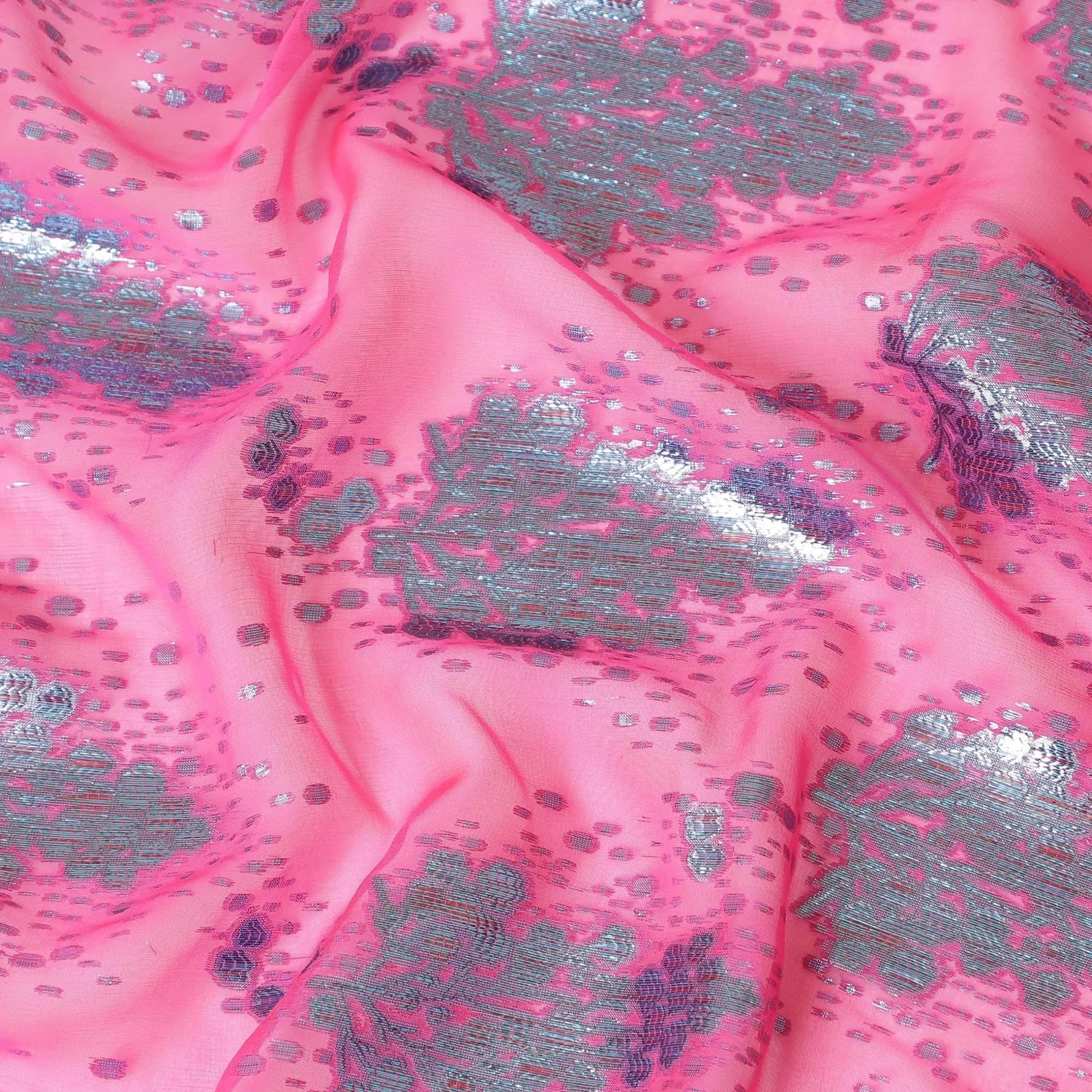 Hot Pink silk chiffon fabric with baby blue and copper metallic lurex in floral design-D8046