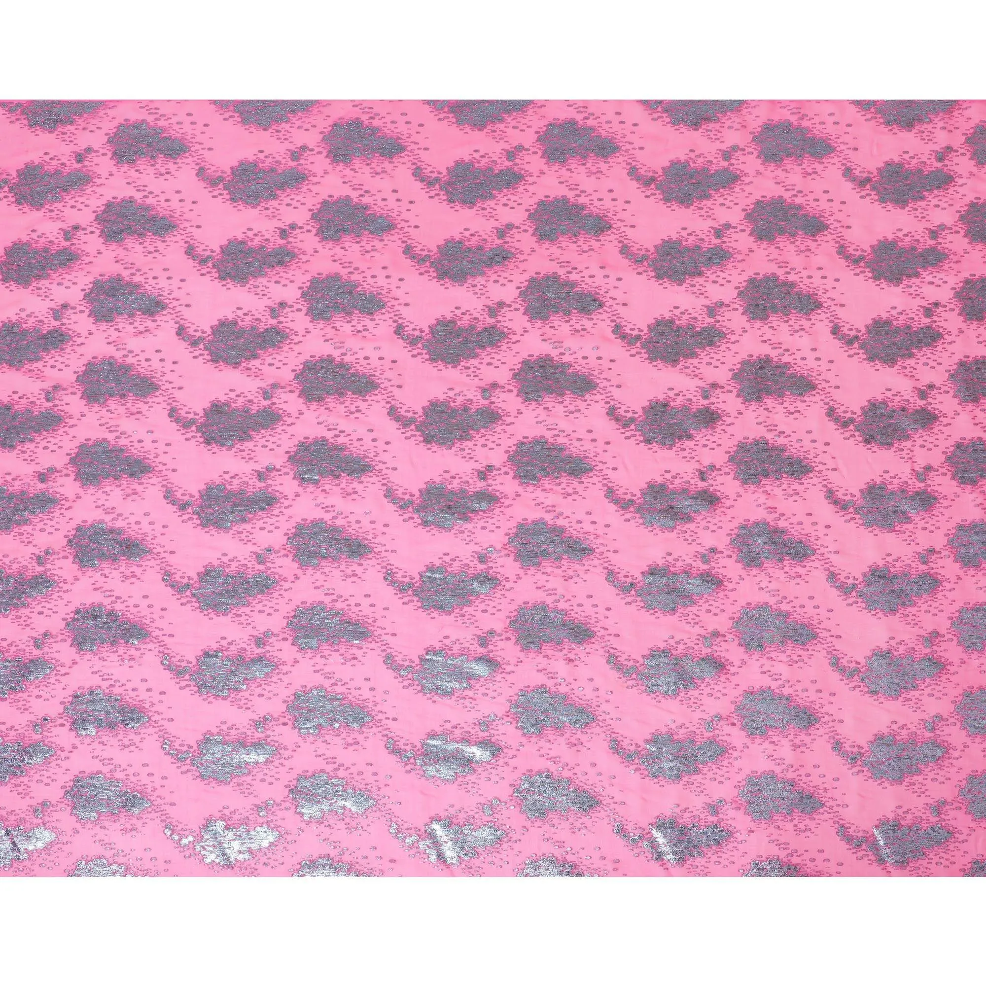 Hot Pink silk chiffon fabric with baby blue and copper metallic lurex in floral design-D8046