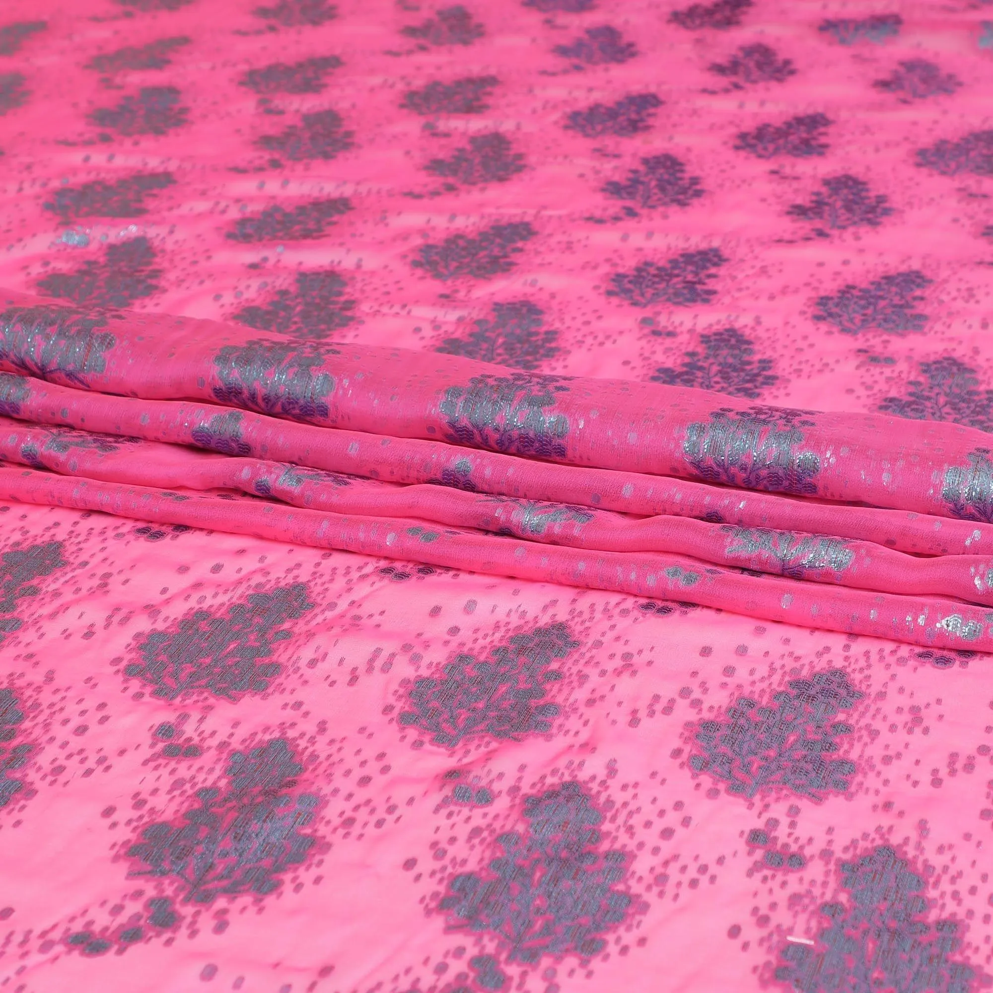 Hot Pink silk chiffon fabric with baby blue and copper metallic lurex in floral design-D8046