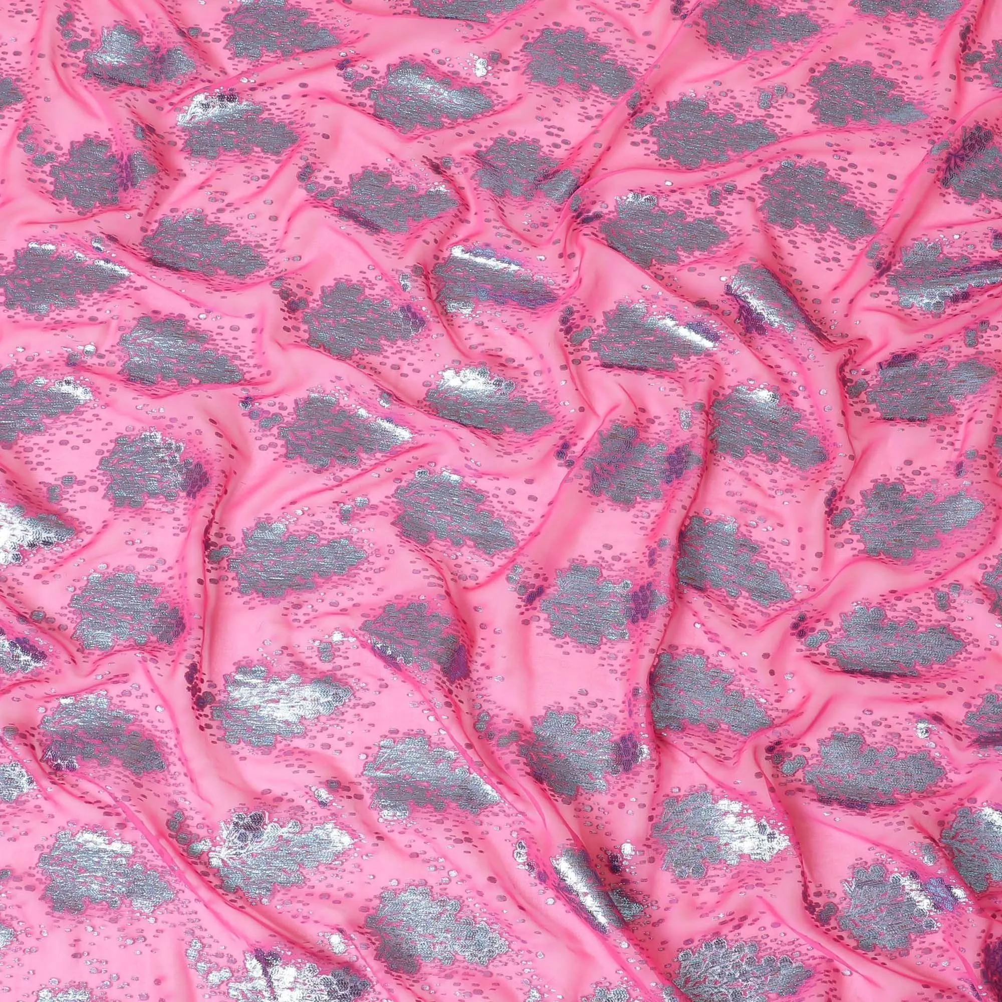Hot Pink silk chiffon fabric with baby blue and copper metallic lurex in floral design-D8046