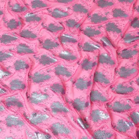 Hot Pink silk chiffon fabric with baby blue and copper metallic lurex in floral design-D8046