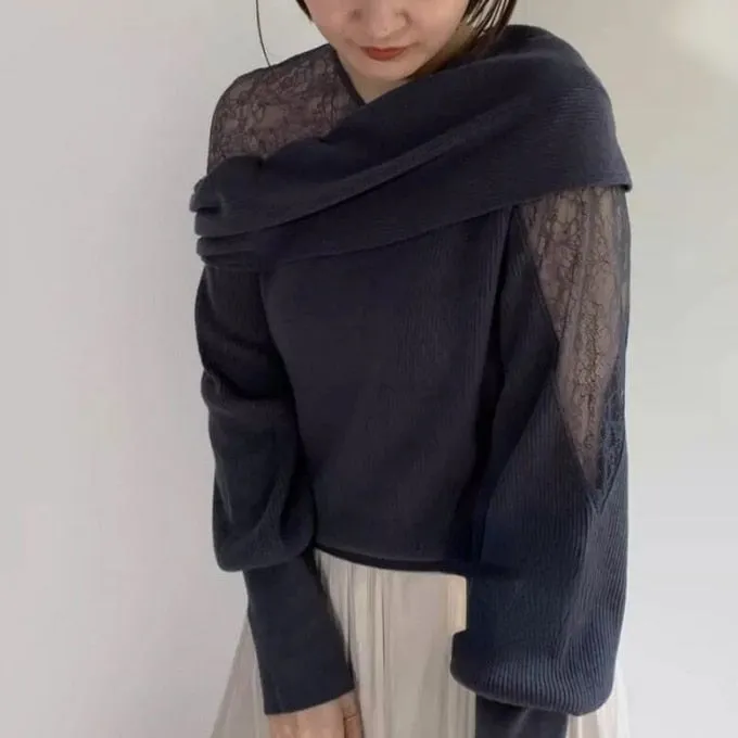 Joskaa Christmas Gift Kuzuwata 2024 Autumn Winter New Women Jumpers Sexy Off Shoulder Lace Patchwork Long Sleeve Sweaters Sweet Knitted Pullover