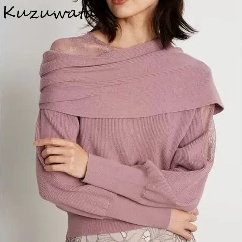 Joskaa Christmas Gift Kuzuwata 2024 Autumn Winter New Women Jumpers Sexy Off Shoulder Lace Patchwork Long Sleeve Sweaters Sweet Knitted Pullover