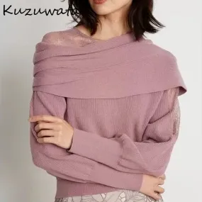 Joskaa Christmas Gift Kuzuwata 2024 Autumn Winter New Women Jumpers Sexy Off Shoulder Lace Patchwork Long Sleeve Sweaters Sweet Knitted Pullover