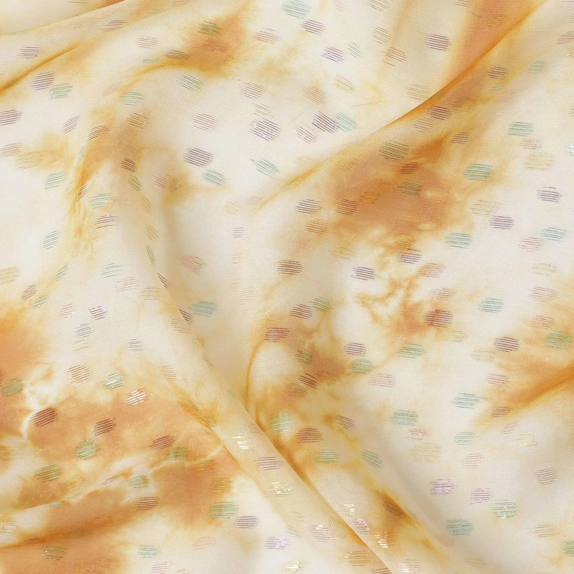 Light beige premium pure silk chiffon fabric with multicolor metallic lurex in dot design-D10422