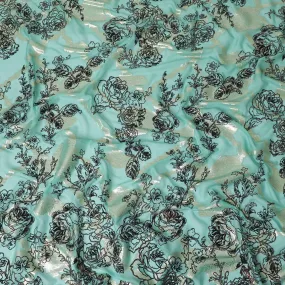 Light teal premium pure silk chiffon fabric with black flock having glitter and gold metallic lurex in floral design-D13723