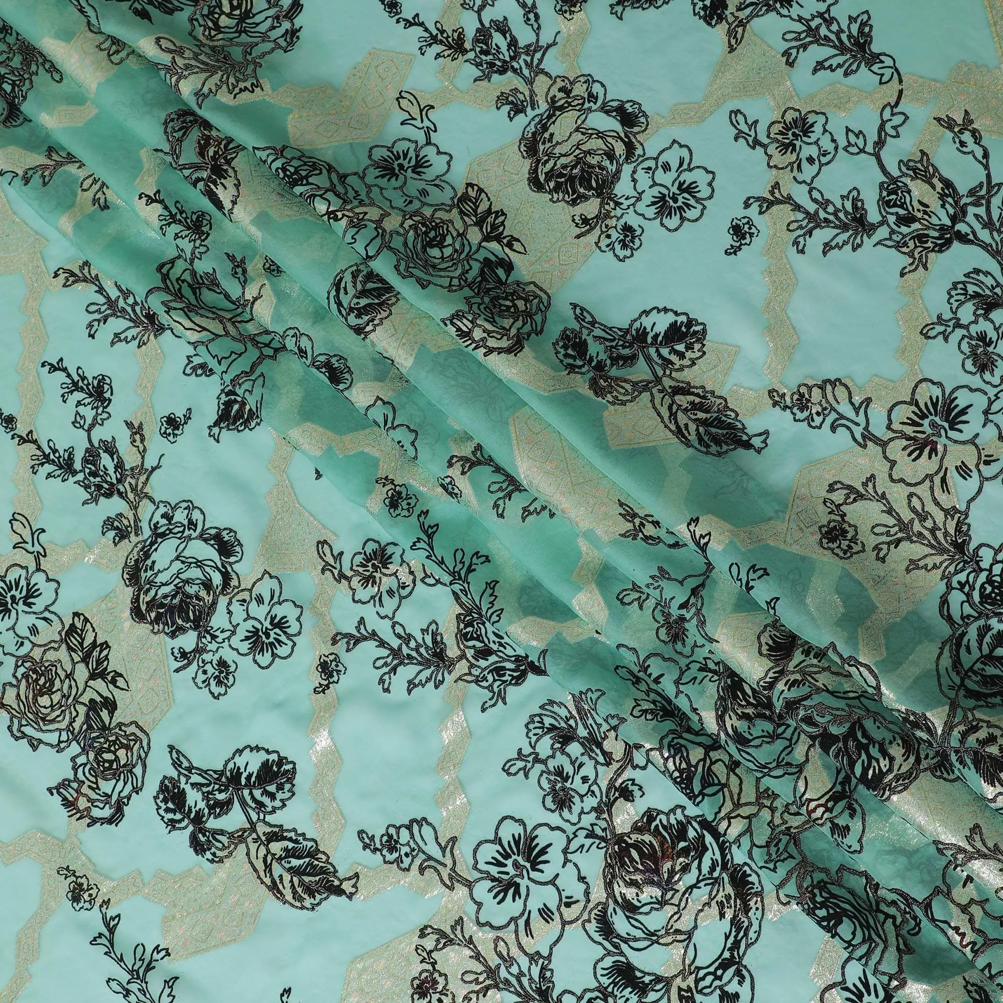 Light teal premium pure silk chiffon fabric with black flock having glitter and gold metallic lurex in floral design-D13723