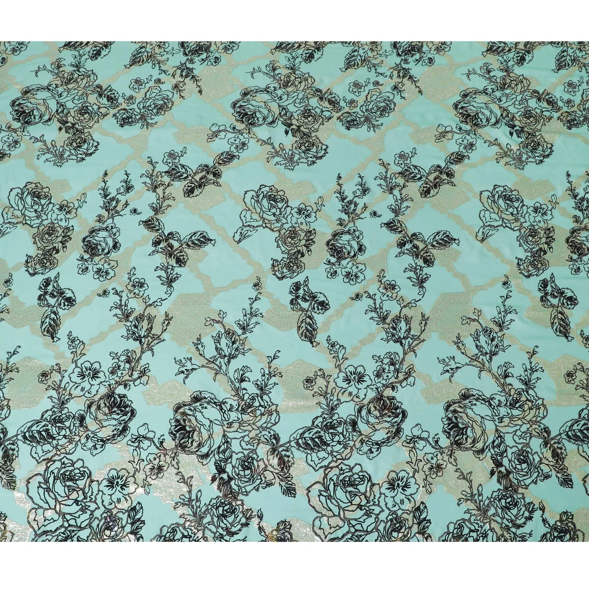 Light teal premium pure silk chiffon fabric with black flock having glitter and gold metallic lurex in floral design-D13723