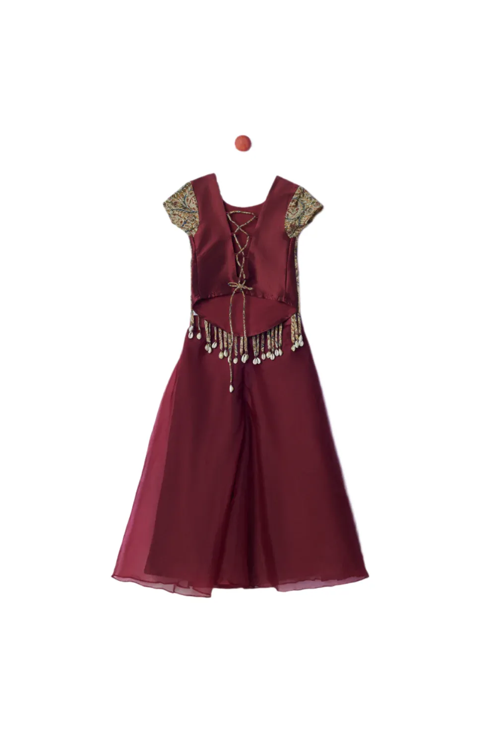 Maroon Shells Fringes Organza Flared Top With Palazzo Set