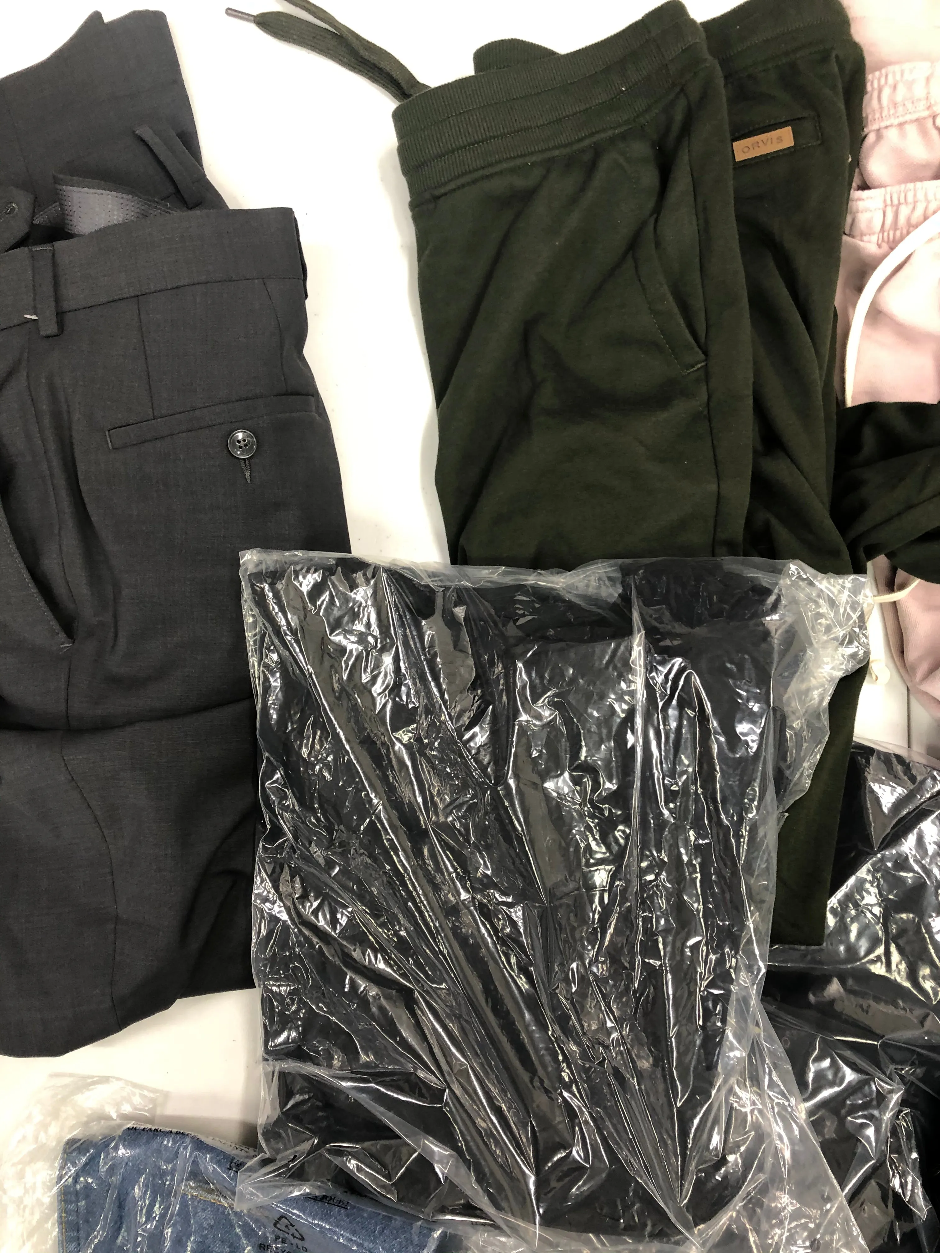 Men's Clothing Pants, Joggers and more Wholesale Lot, EDDIE BAUER, ORVIS, BAR III, AMERICAN APPAREL, STEVE MADDEN, and more, 13 items, Shelf Pulls, MSRP $692