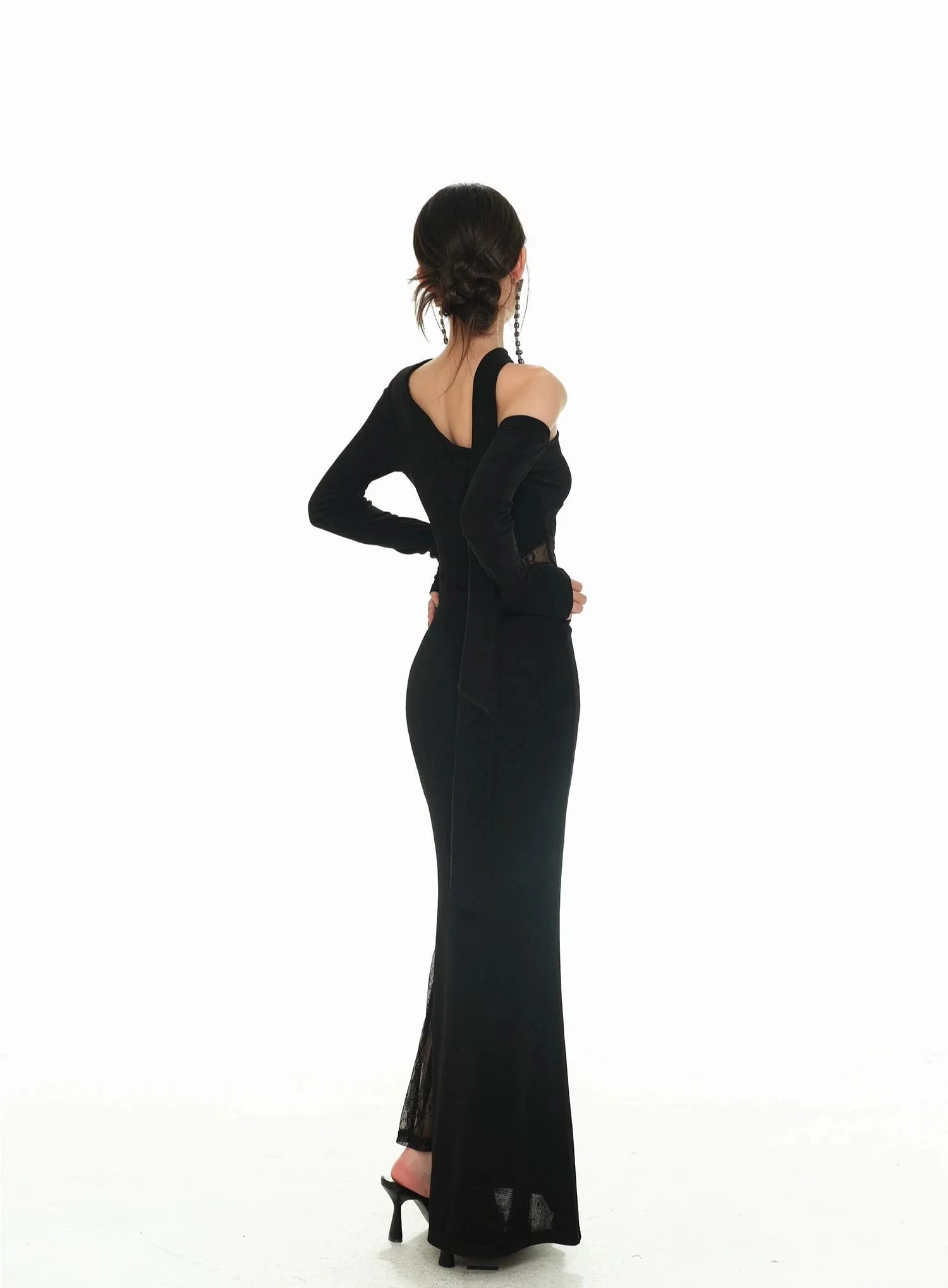 One-Shoulder Lace Detail Long Sleeve Dress with Scarf