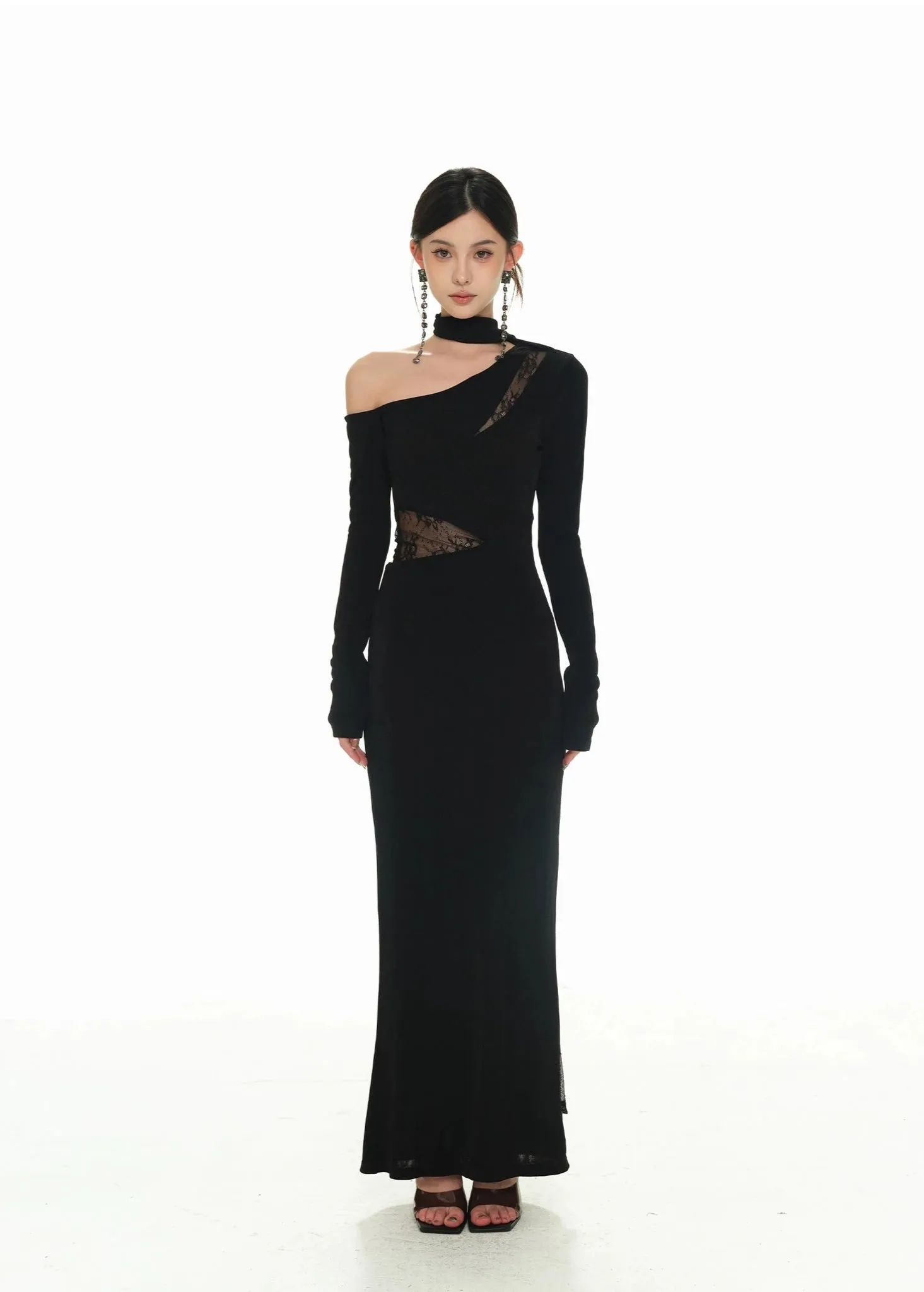 One-Shoulder Lace Detail Long Sleeve Dress with Scarf